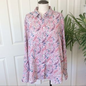 GET ME FREE! Foxcroft 16 Red White Paisley Boho Button-Down